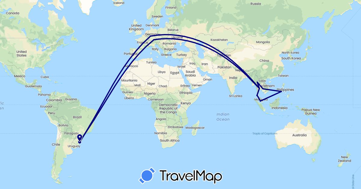 TravelMap itinerary: driving in Brazil, Germany, Cambodia, Malaysia, Philippines, Thailand (Asia, Europe, South America)